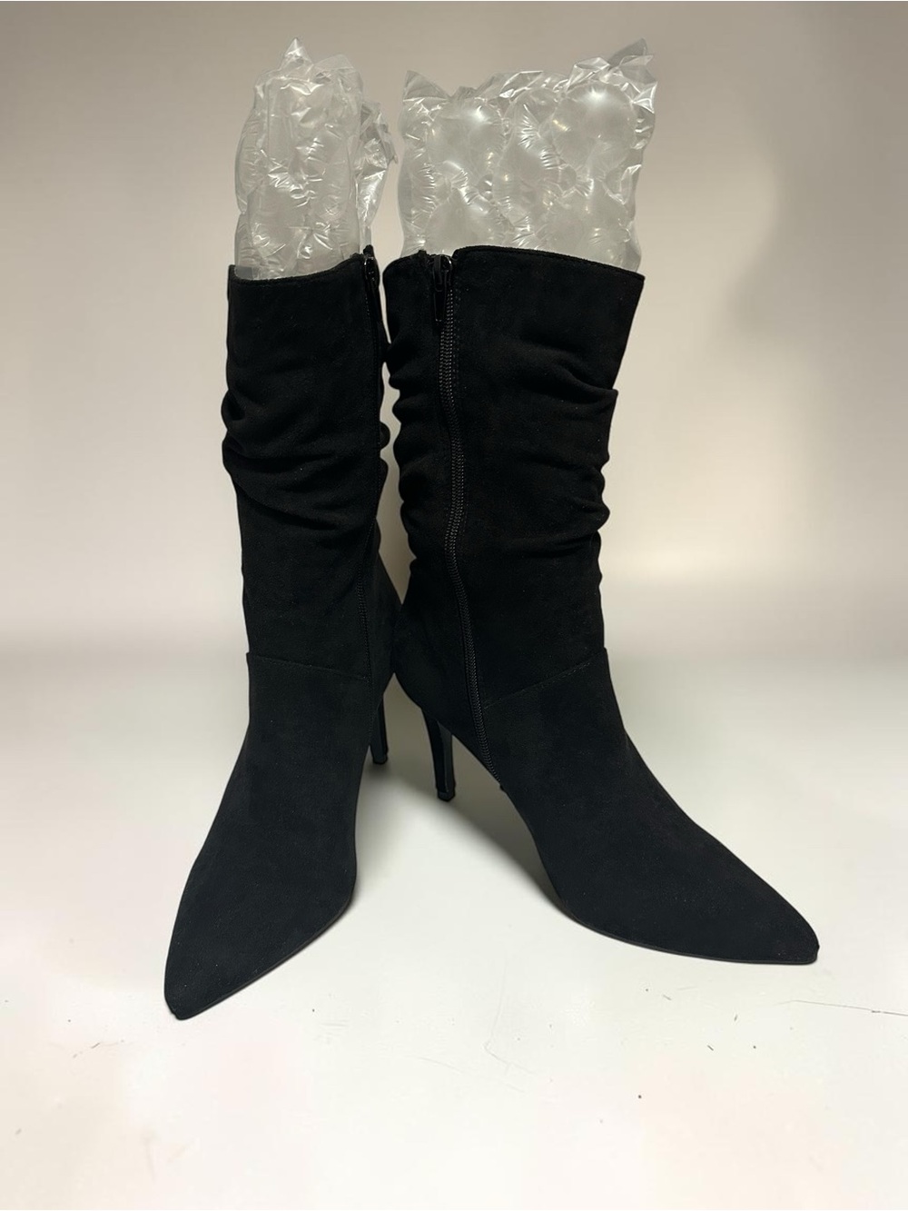 CL by Laundry. NWOT. Black Pointed-Toe Ruched Mid-Calf Stiletto Boots